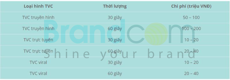 Bảng chi phí tại Brandcom